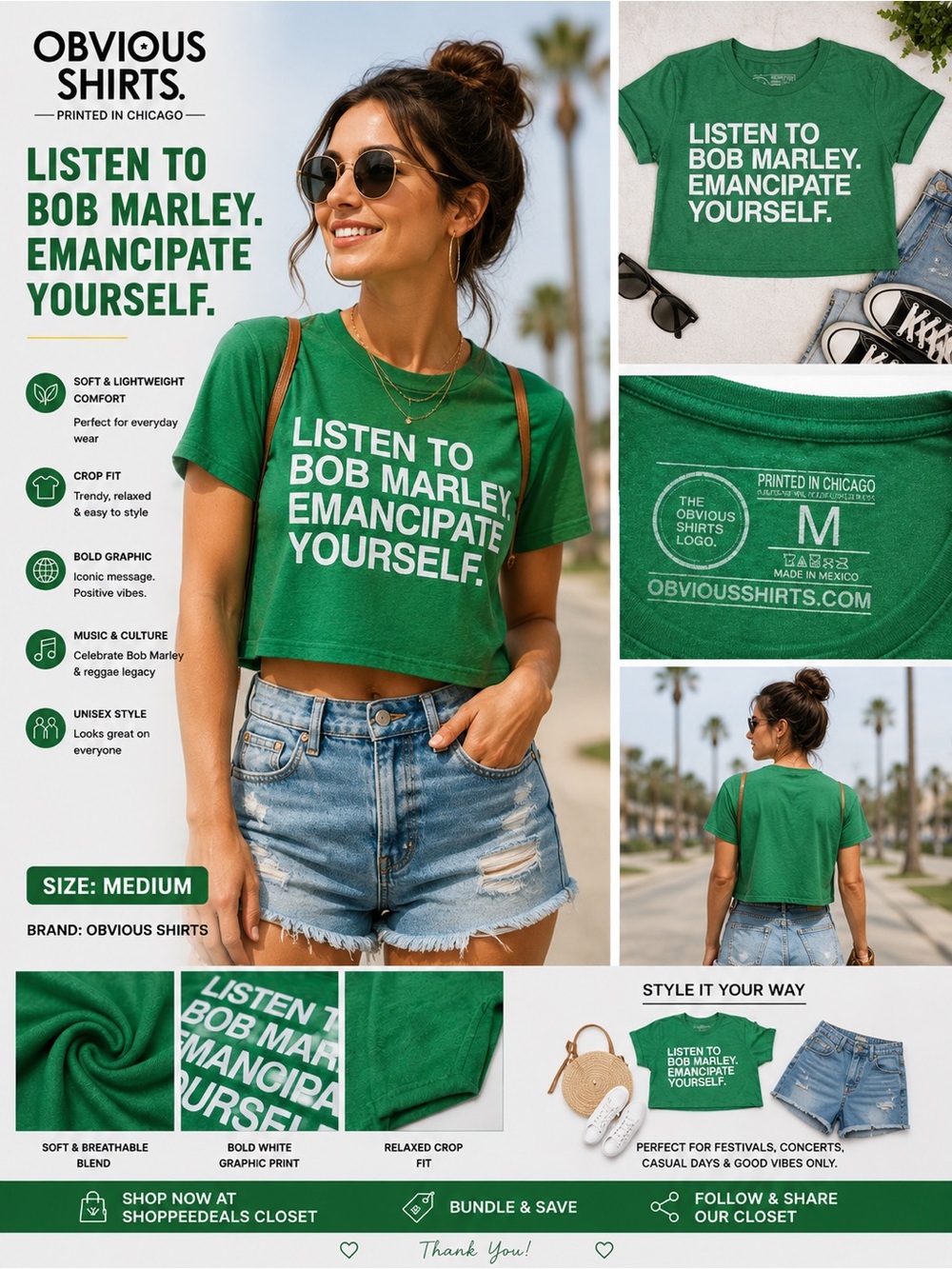 Obvious Shirts “Listen to Bob Marley. Emancipate Yourself.” Green Crop Top